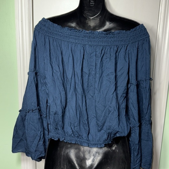 Free People Navy Blue Free Spirit Off Shoulder Bell Sleeve Boho Oversized Crop - Picture 11 of 11
